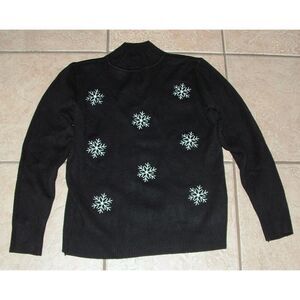 NEW Embroidered Snowflakes Sz Small Black Faux Fur Lined Cozy Mock Neck Sweater